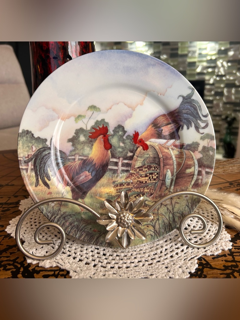 Vintage Rooster Decorative Plate | Farmhouse Chicken Wall Decor | Rooster & Corn